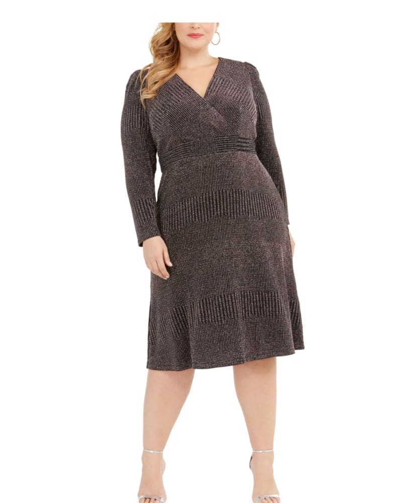 Front of a model wearing a size 14 R & M Richards Women's Plus Size Glitter-Knit A-Line Dress Charcoal Size 14 in Grey by R & M Richards. | dia_product_style_image_id:313117